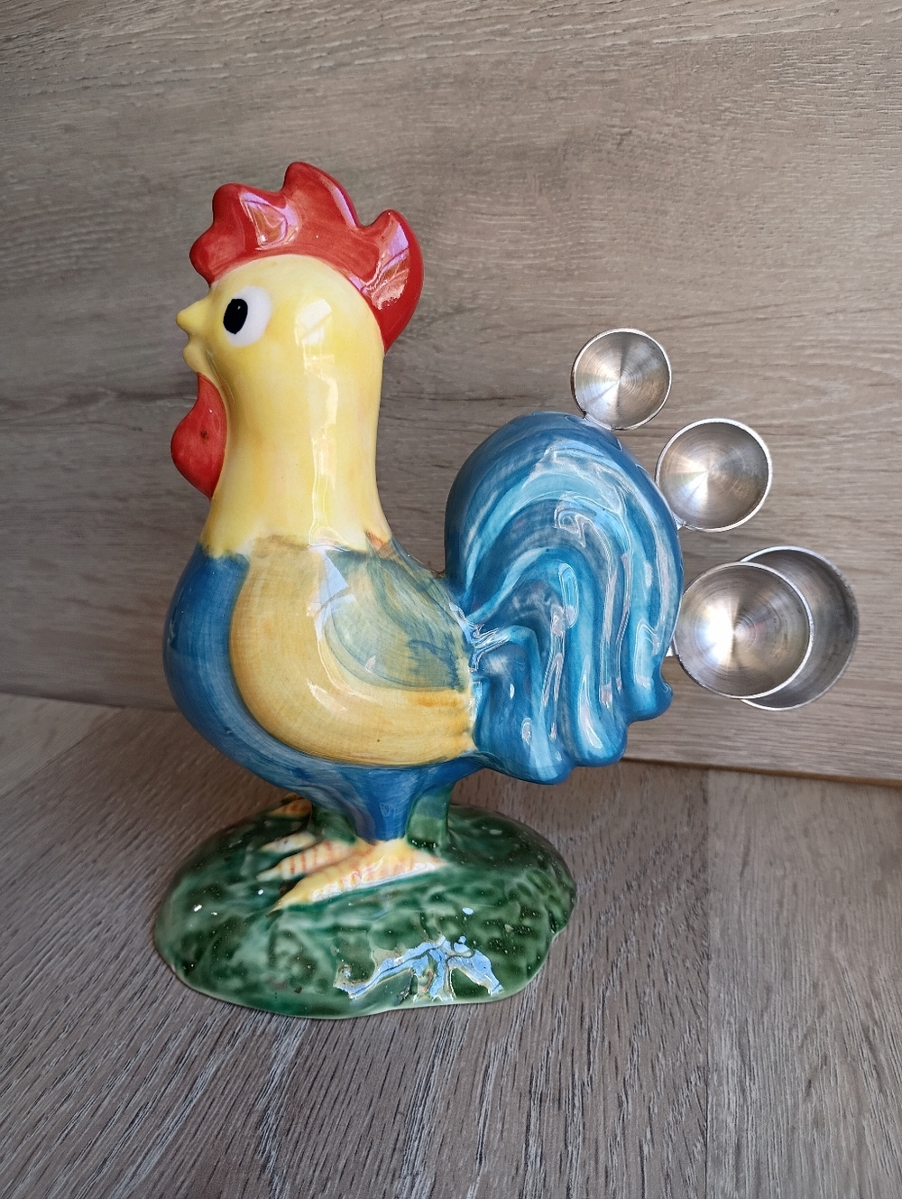 Vintage Farmhouse Ceramic Rooster With Stainless Steel Measuring Spoons 7"